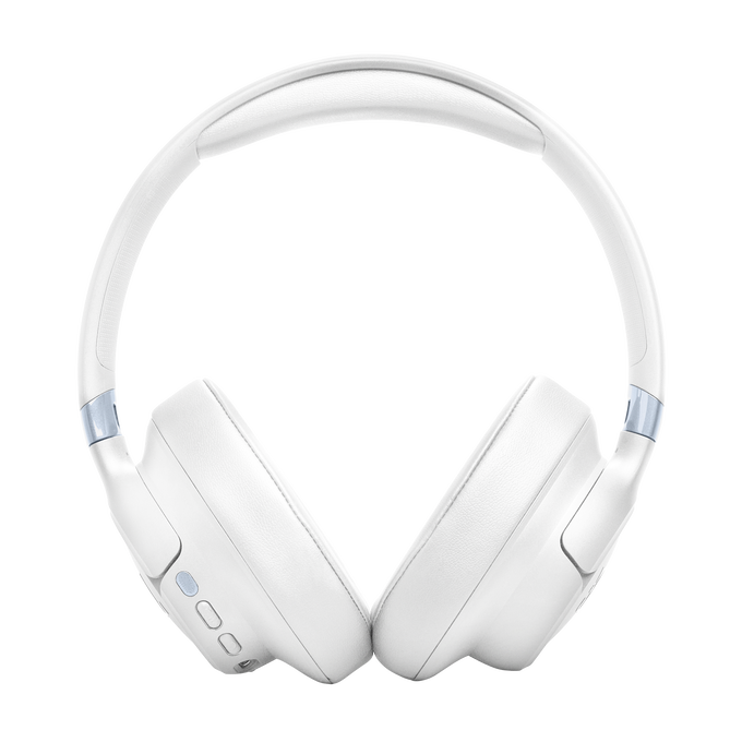 Auriculares blancos supraaurales con diadema y almohadillas acolchadas.