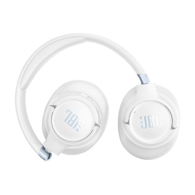 Auriculares JBL blancos con logo azul sobre fondo negro.