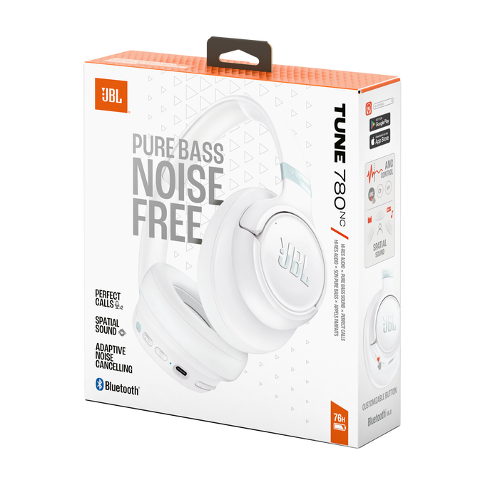 Caja blanca de auriculares JBL con 'Pure Bass Noise Free' y 'Tune 780NC'.