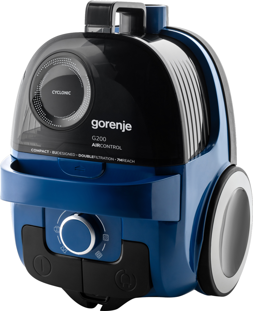 Egy kék Gorenje G200 Aircontrol porszívó fekete tetővel és kerekekkel.