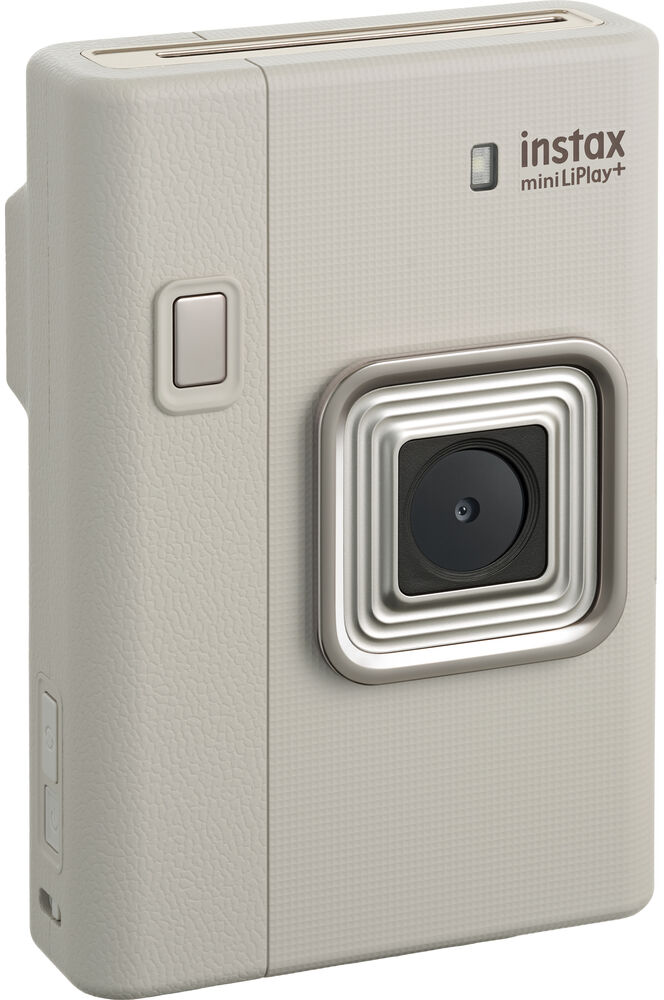 Fehér Instax Mini LiPlay+ azonnali fényképezőgép ezüst lencserámával.