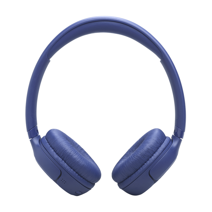 Auriculares azules con almohadillas acolchadas sobre fondo negro.