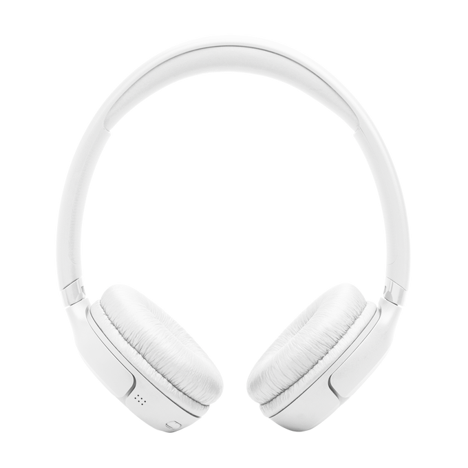 Auriculares blancos supraaurales con almohadillas acolchadas y diadema ajustable.