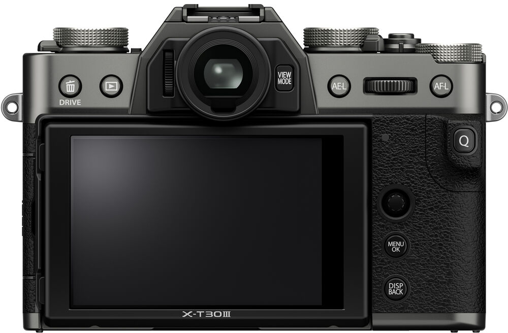 Szürke Fujifilm X-T30 III kamera hátulnézete, képernyővel és gombokkal.