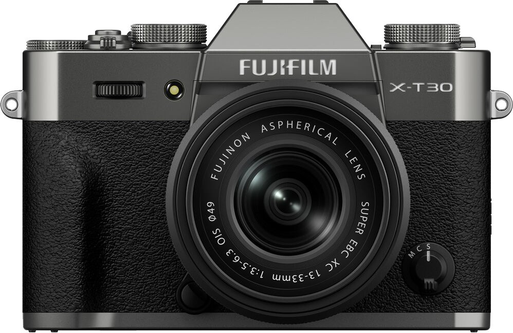 Szürke Fujifilm X-T30 fényképezőgép objektívvel, fekete markolattal és ezüst kezelőszervekkel.