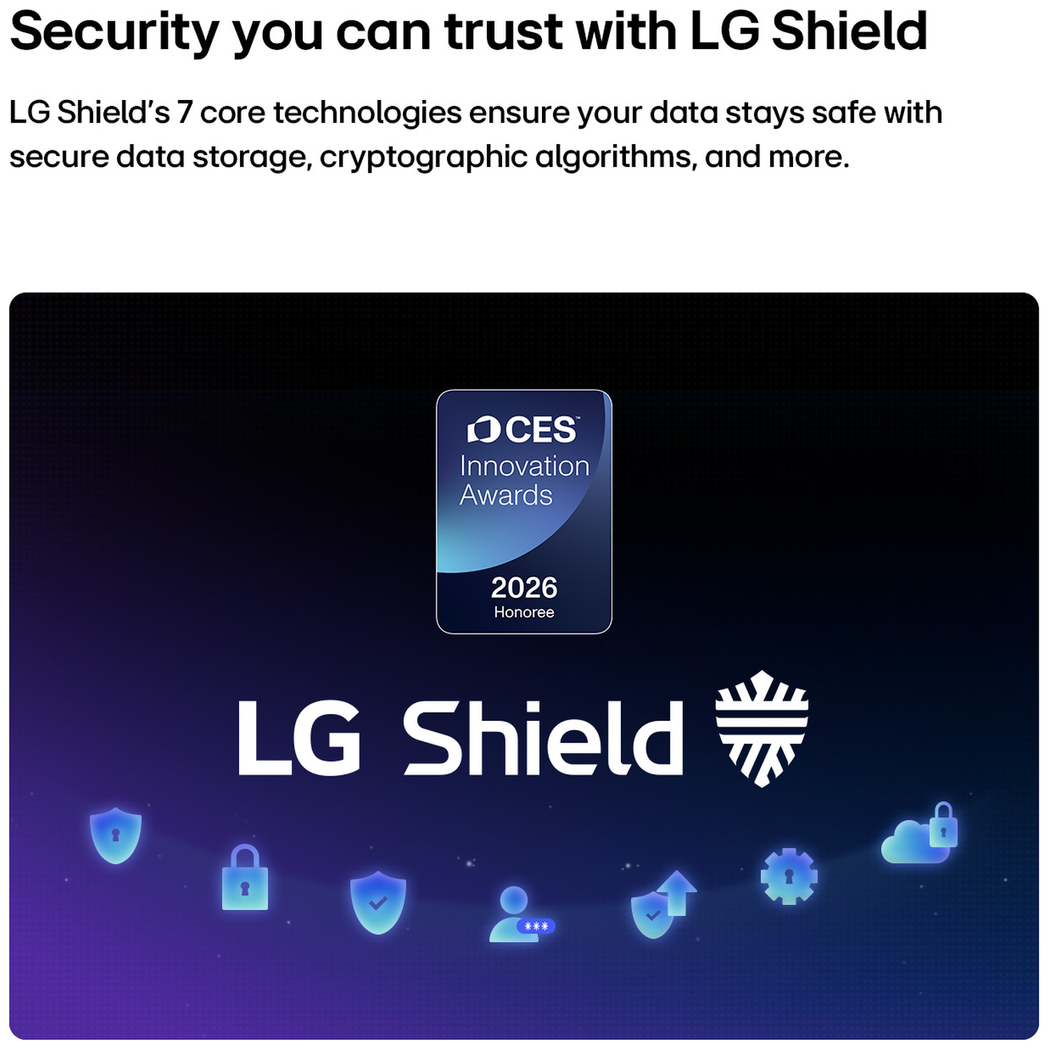 LG Shield logo with CES Innovation Award 2026 Honoree badge. Icons of security.