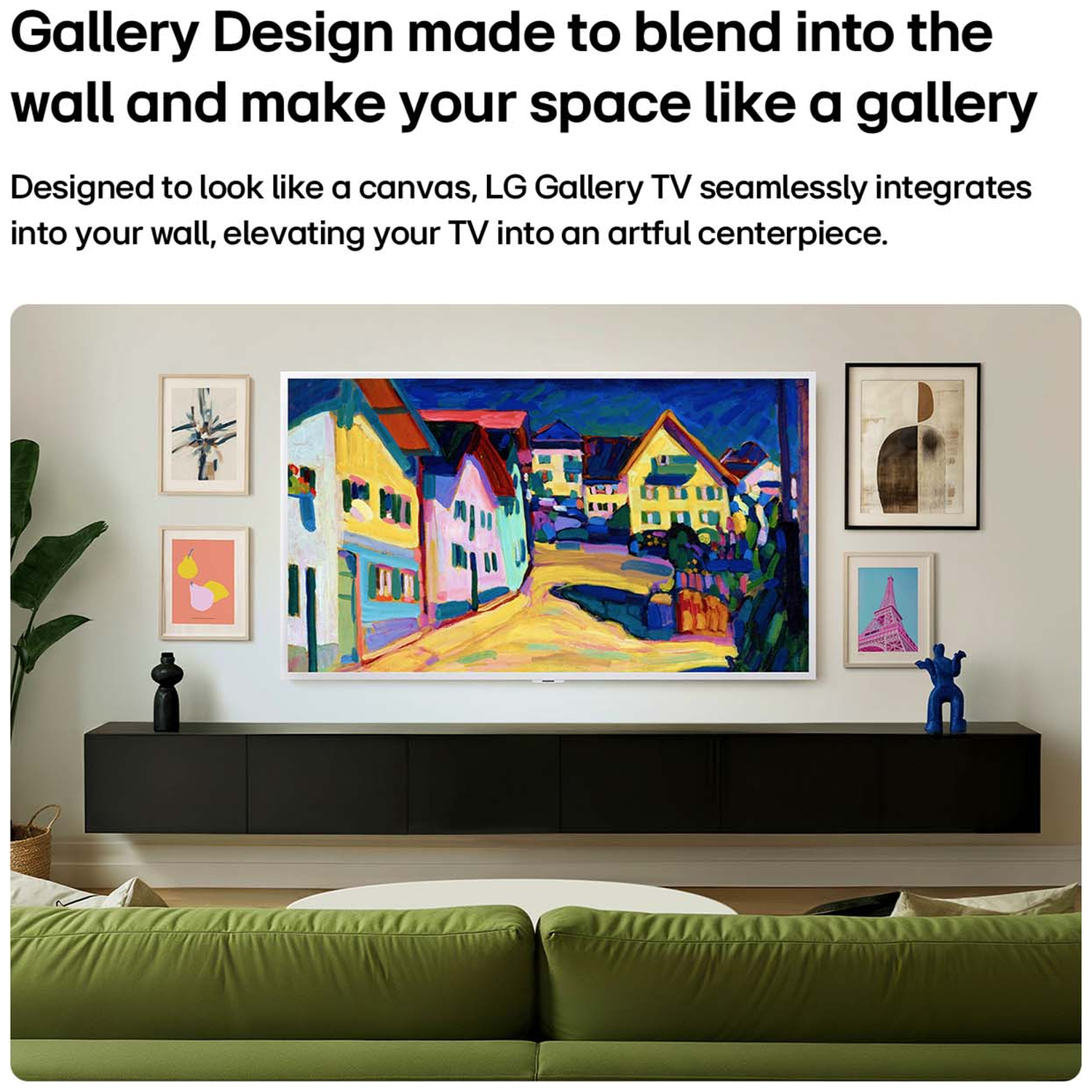 A modern living room with an LG Gallery TV displayed like a painting.