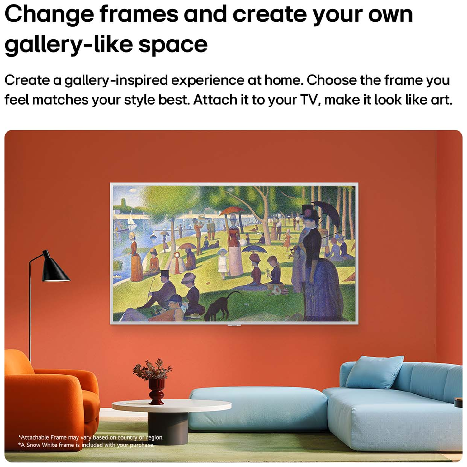 Living room with a Pointillist painting on an orange wall.