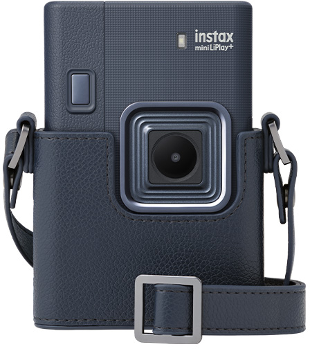 Kék bőr tok Instax mini LiPlay+ fényképezőgéphez, objektívvel.