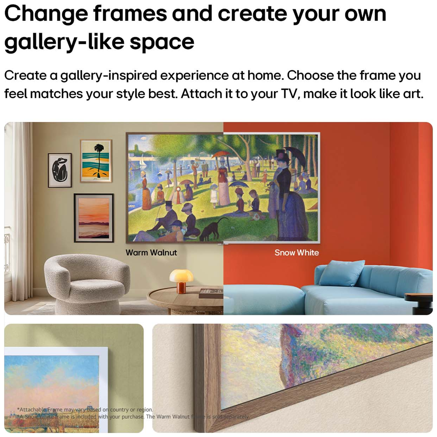 A living room featuring artwork and a sofa, showcasing two frame options.