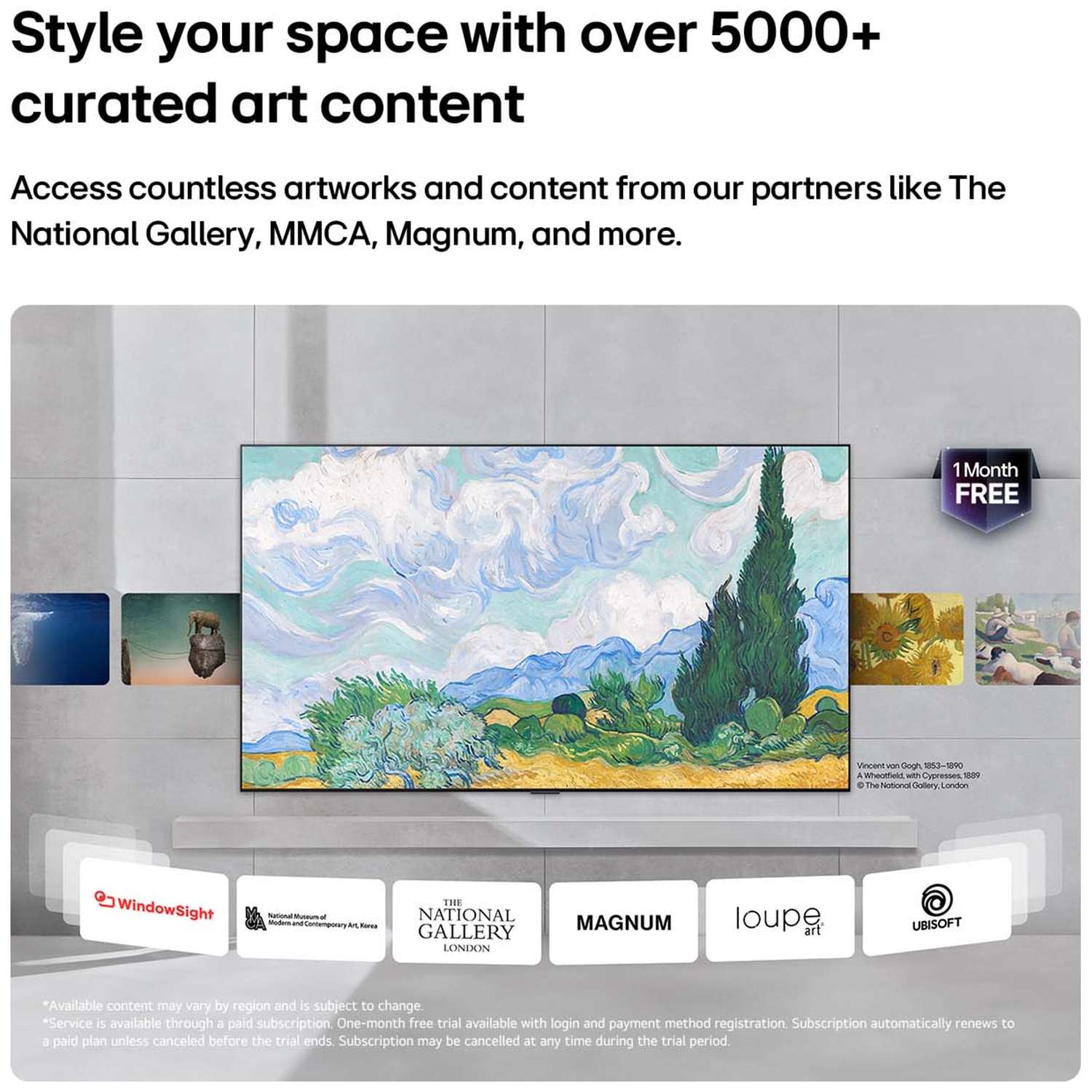 A TV displays Van Gogh's "Wheatfield with Cypresses" & partner logos.