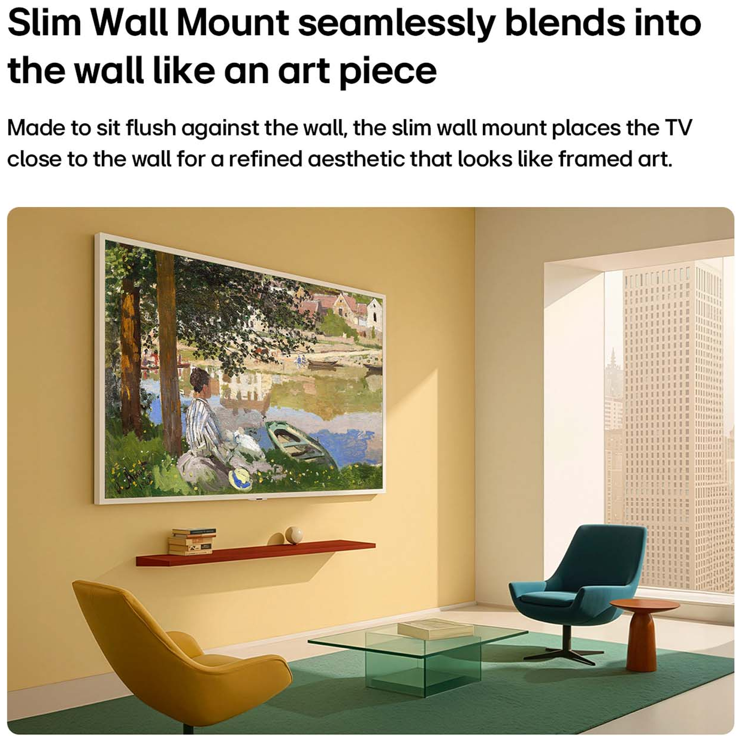 A TV mounted on a yellow wall displays a painting. Furniture includes yellow and blue chairs.
