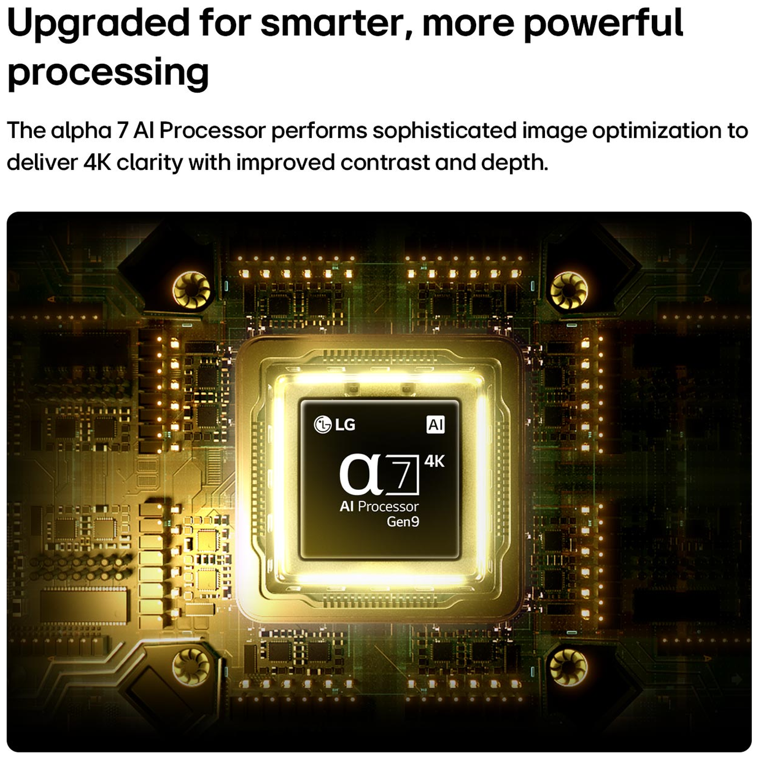 A golden chip with LG logo and "α7 4K AI Processor Gen9".