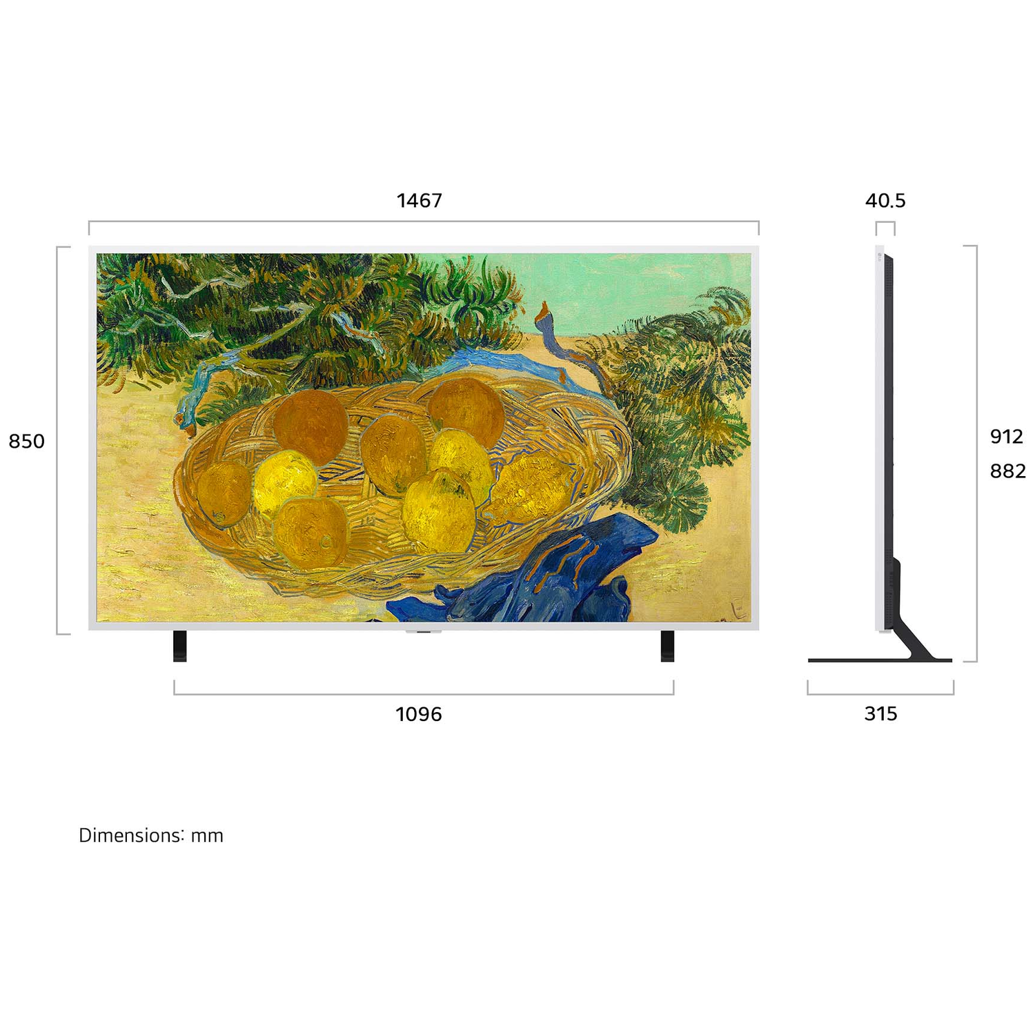 A TV screen displays Van Gogh's lemons. Dimensions are shown.