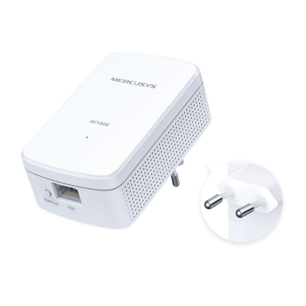 Un adaptador Powerline MERCUSYS AV1000 blanco con puerto Ethernet y clavijas.