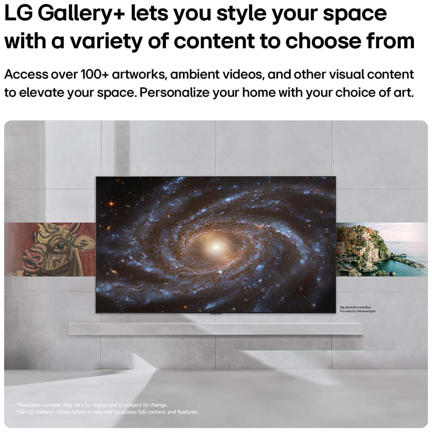 LG Gallery+ displays a cow, a galaxy, and a coastal town on screens.