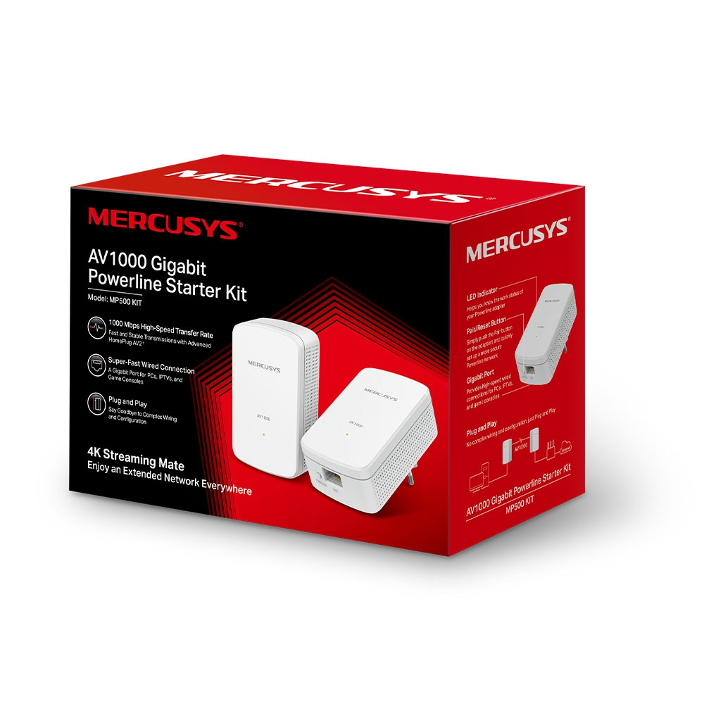 Caja del Kit de Inicio Powerline Gigabit Mercusys AV1000 con dos adaptadores blancos.
