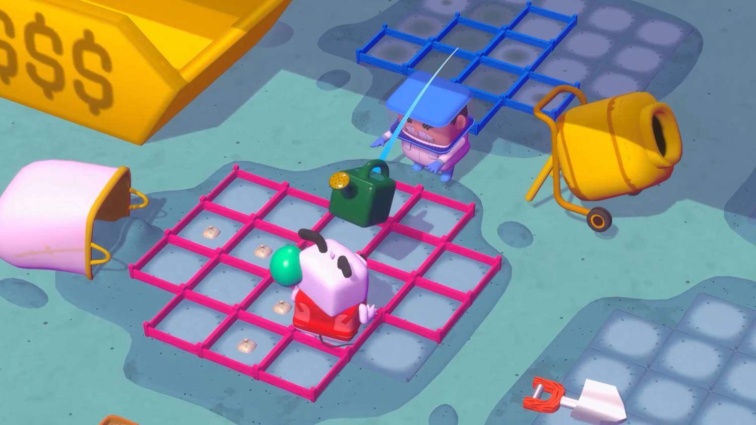 Una escena de dibujos animados con un personaje regando plantas, una hormigonera y un lingote de oro.