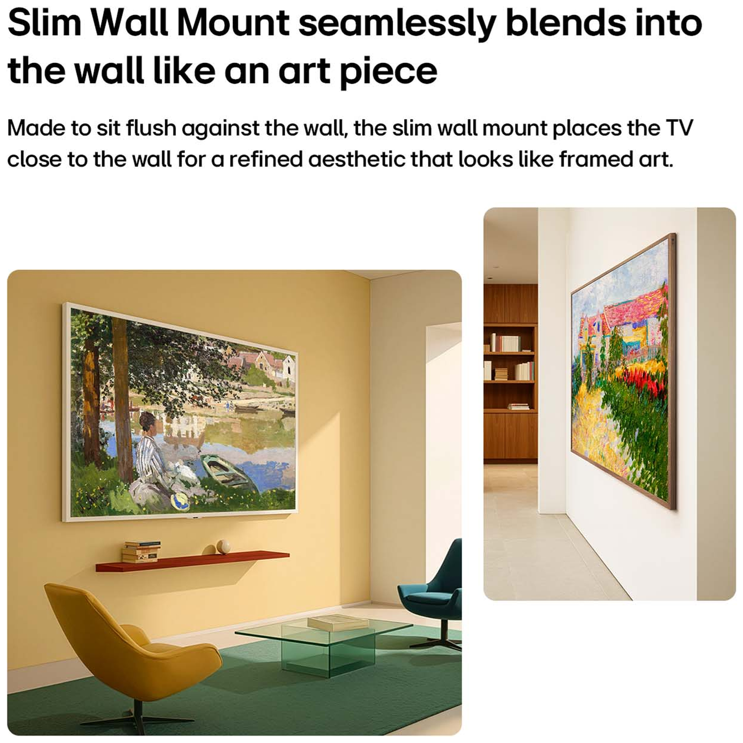 A living room with a wall-mounted flat-screen TV that resembles a painting.