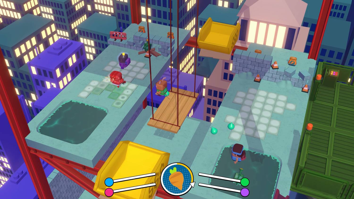 Paisaje urbano estilizado con personajes de juego en plataformas, incluyendo un columpio y un carro amarillo.
