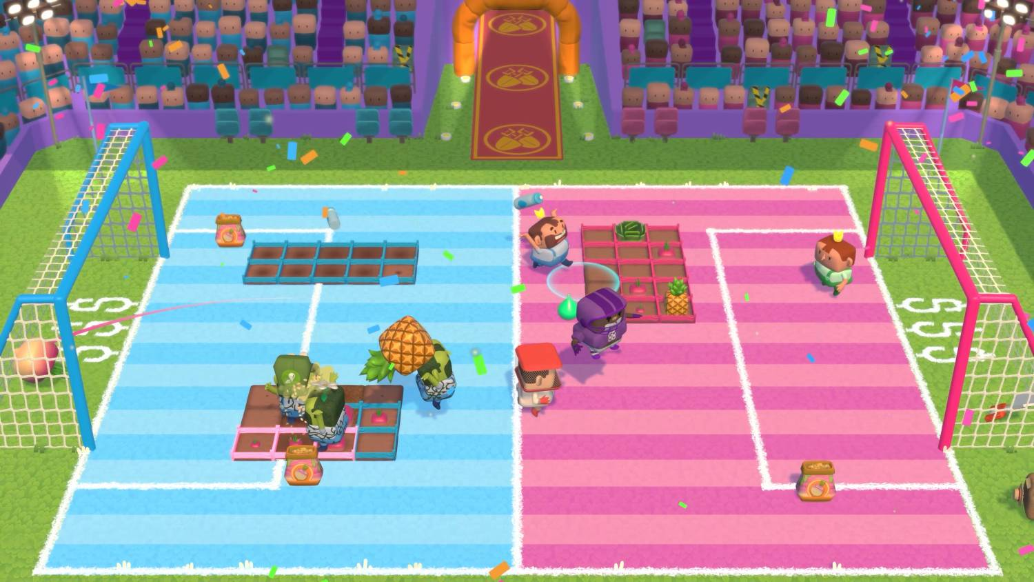 Juego de fútbol de dibujos animados con personajes recogiendo fruta. Campos azul y rosa.