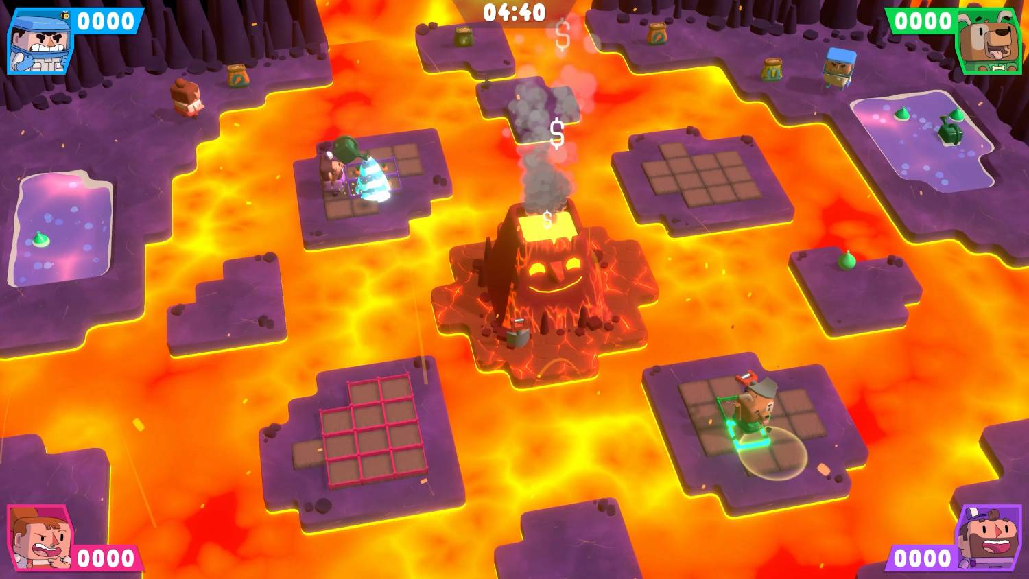 Un tablero de juego con lava, islas y personajes navegando por el área de juego.