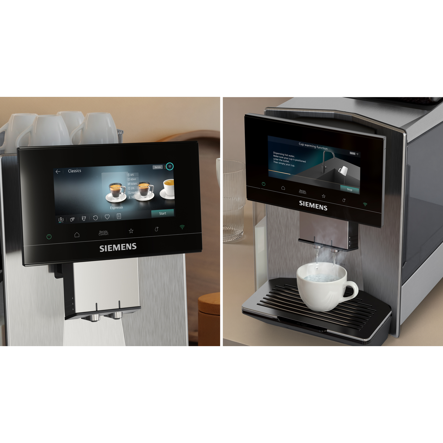 Machine à café avec écran tactile affiche sélection d'espresso et réchauffement de tasse.