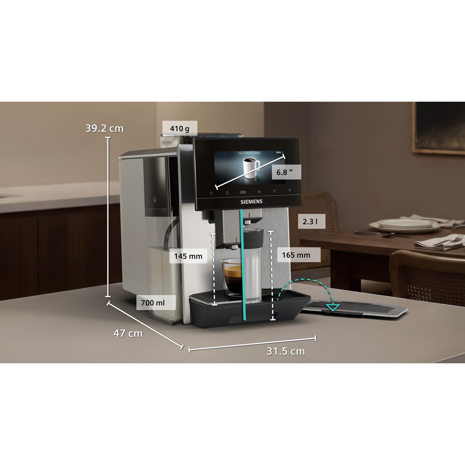 Une machine à café Siemens argentée avec un verre d'espresso, dimensions indiquées.