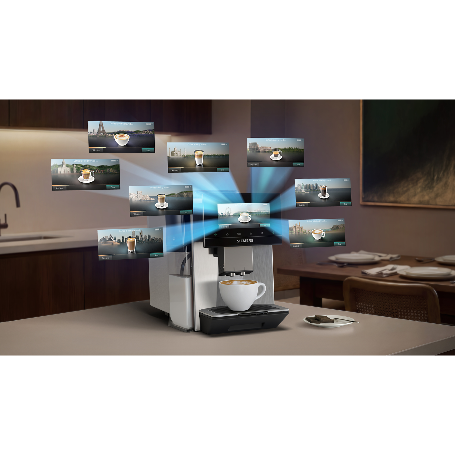 Une machine à café Siemens avec un expresso et des monuments mondiaux affichés.