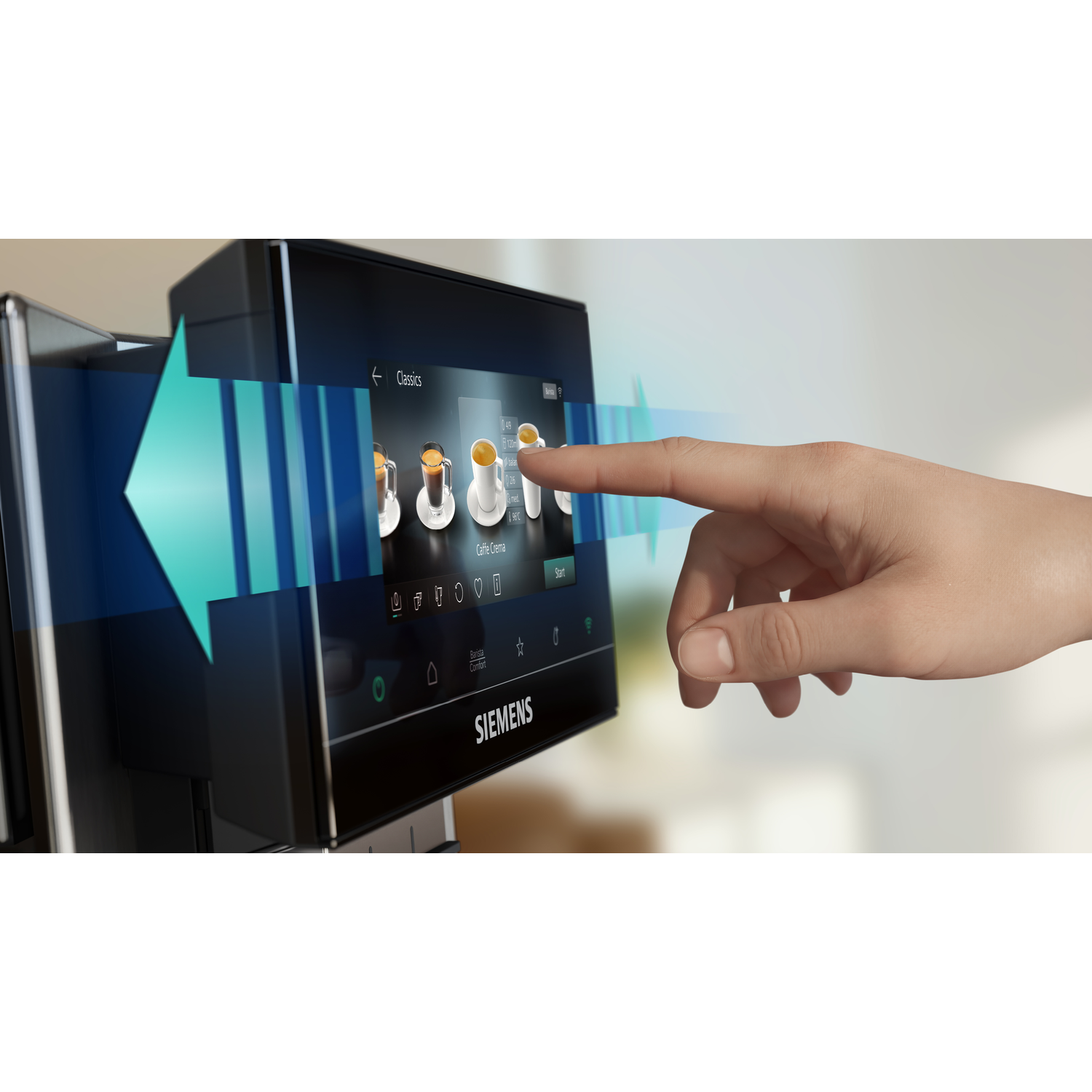 Une main touche l'écran tactile d'une machine à café affichant des images de café.