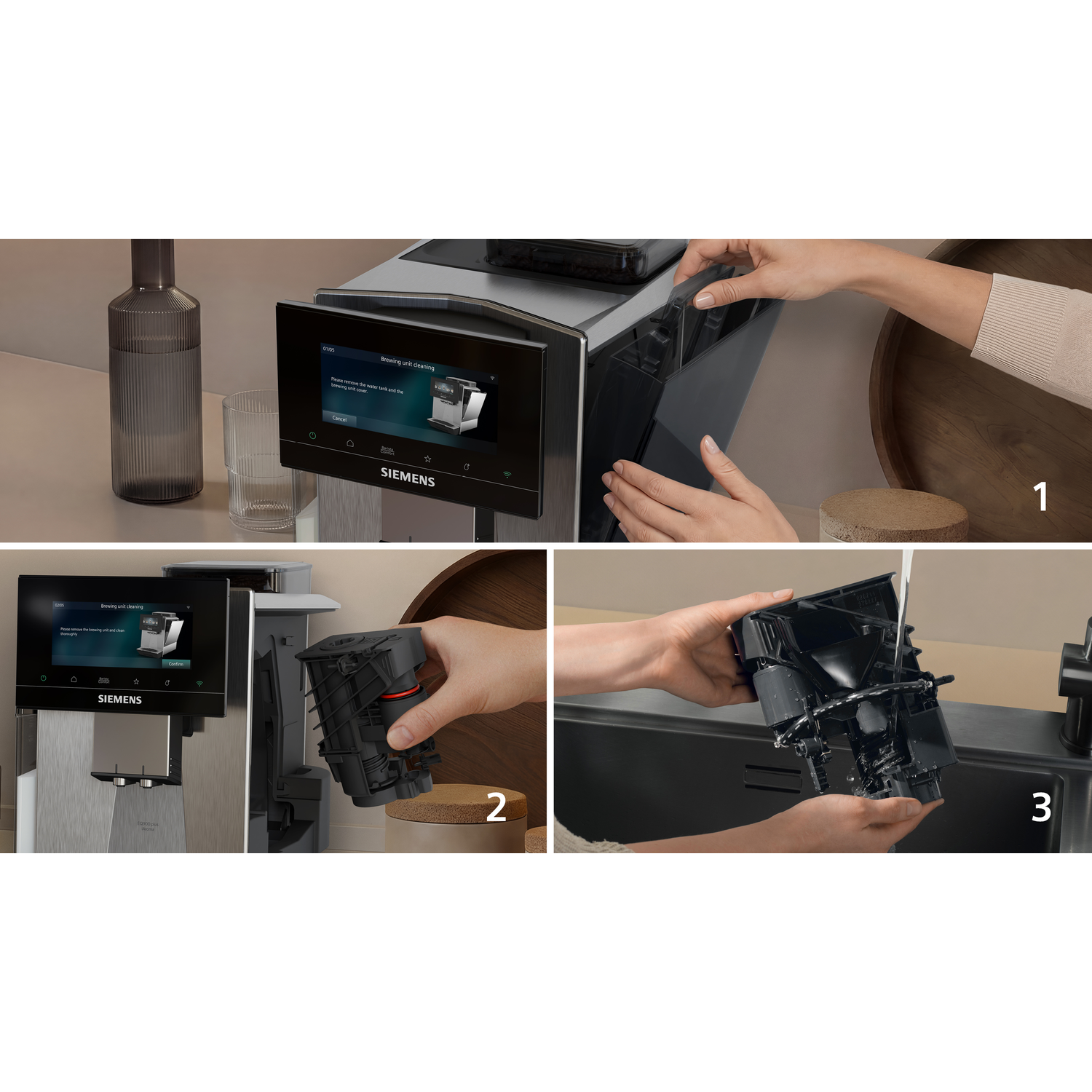 Machine à café avec groupe de préparation en cours de nettoyage. Mains retirent l'unité.