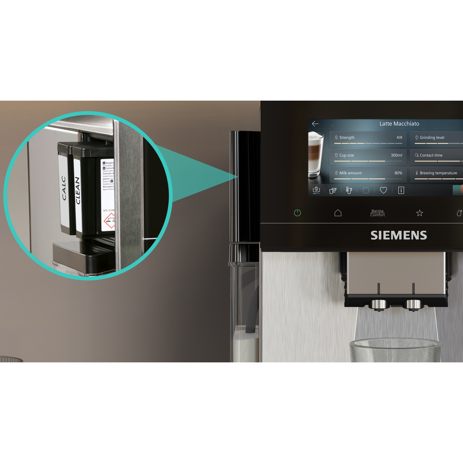 Machine à café avec deux cartouches, une pour le calcaire et une pour le nettoyage.