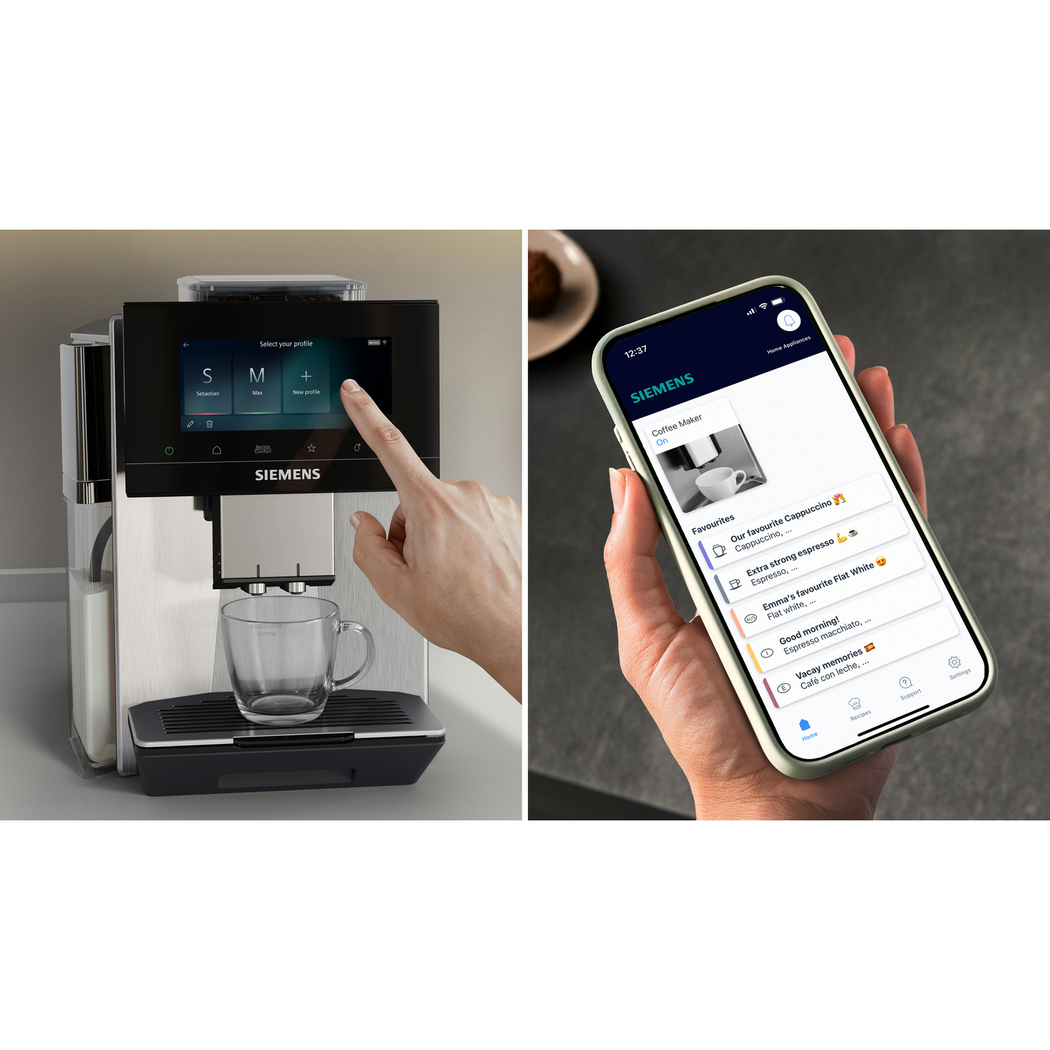 Une main utilise une machine à café, une autre tient un smartphone avec l'app Siemens.