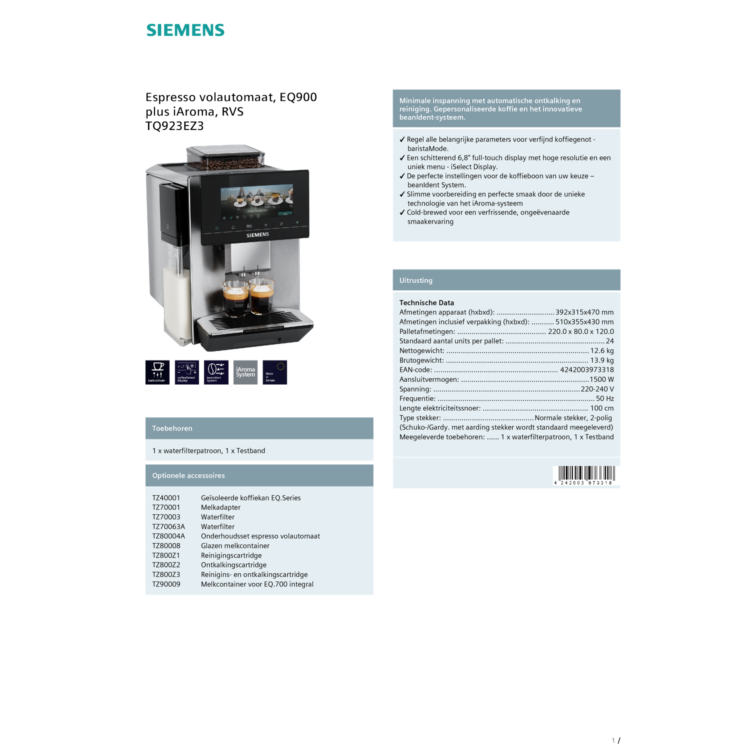 Machine à café automatique Siemens EQ.900 en inox avec système iAroma, deux tasses.