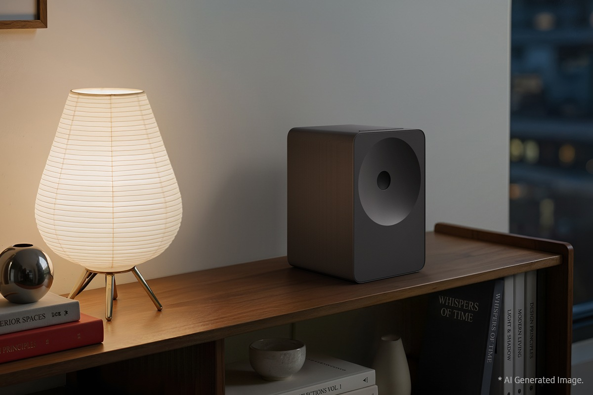 Ein dunkler Lautsprecher steht neben einer Lampe auf einem Regal mit Büchern.