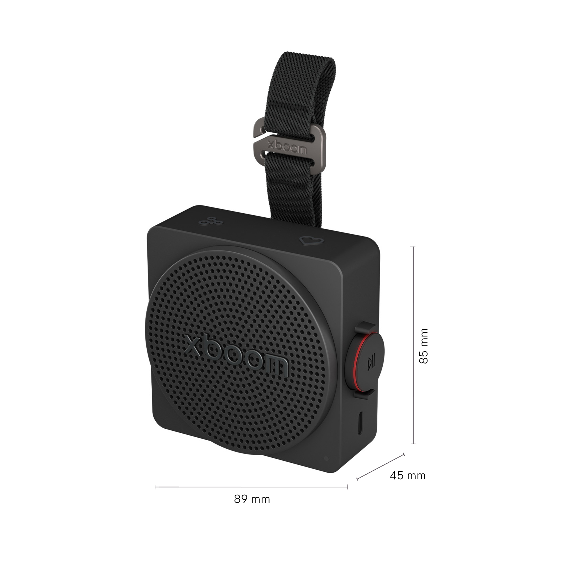 Altavoz negro X-Boom, 89x85x45 mm, con correa, sobre fondo blanco.