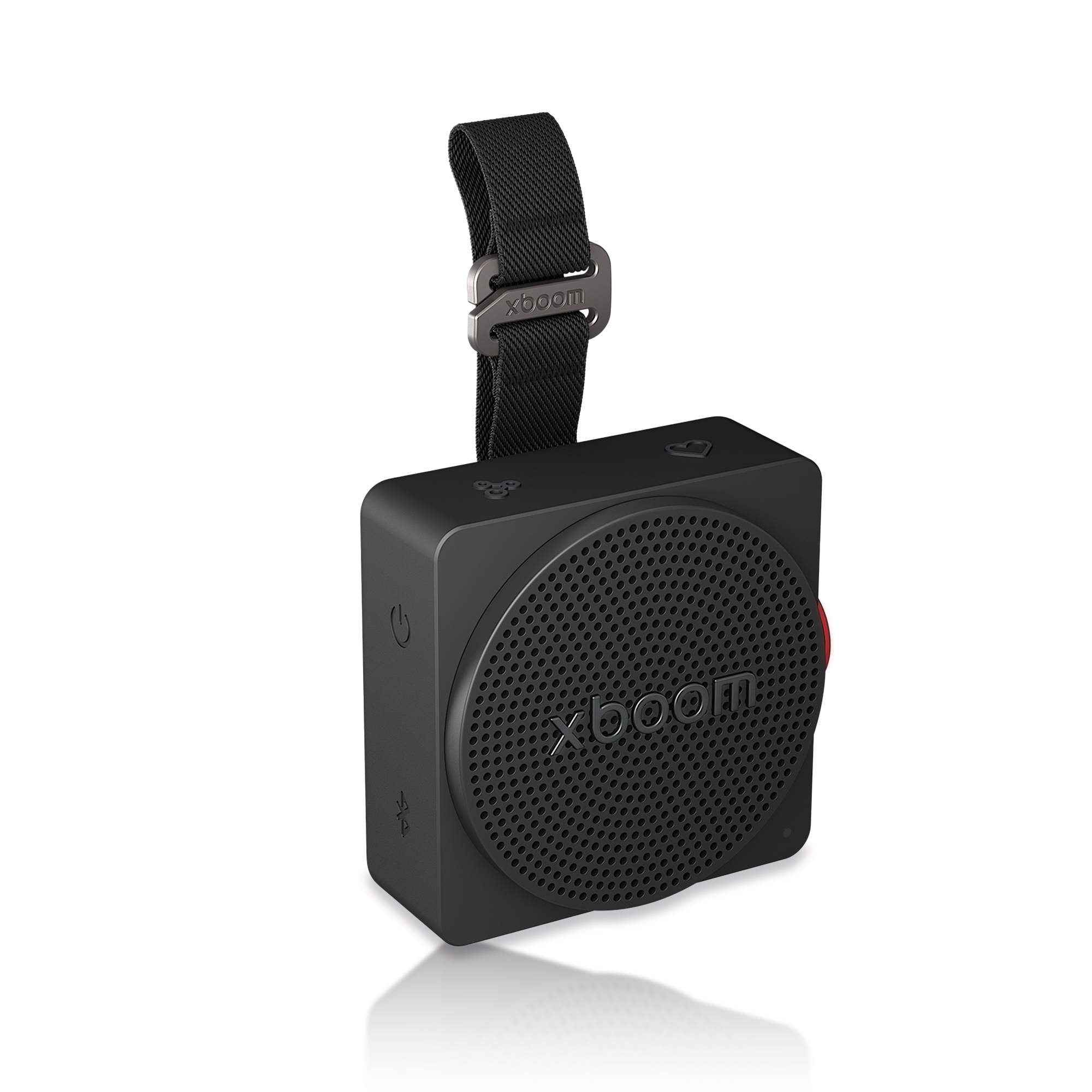 Altavoz compacto negro con correa y logo "Xboom".
