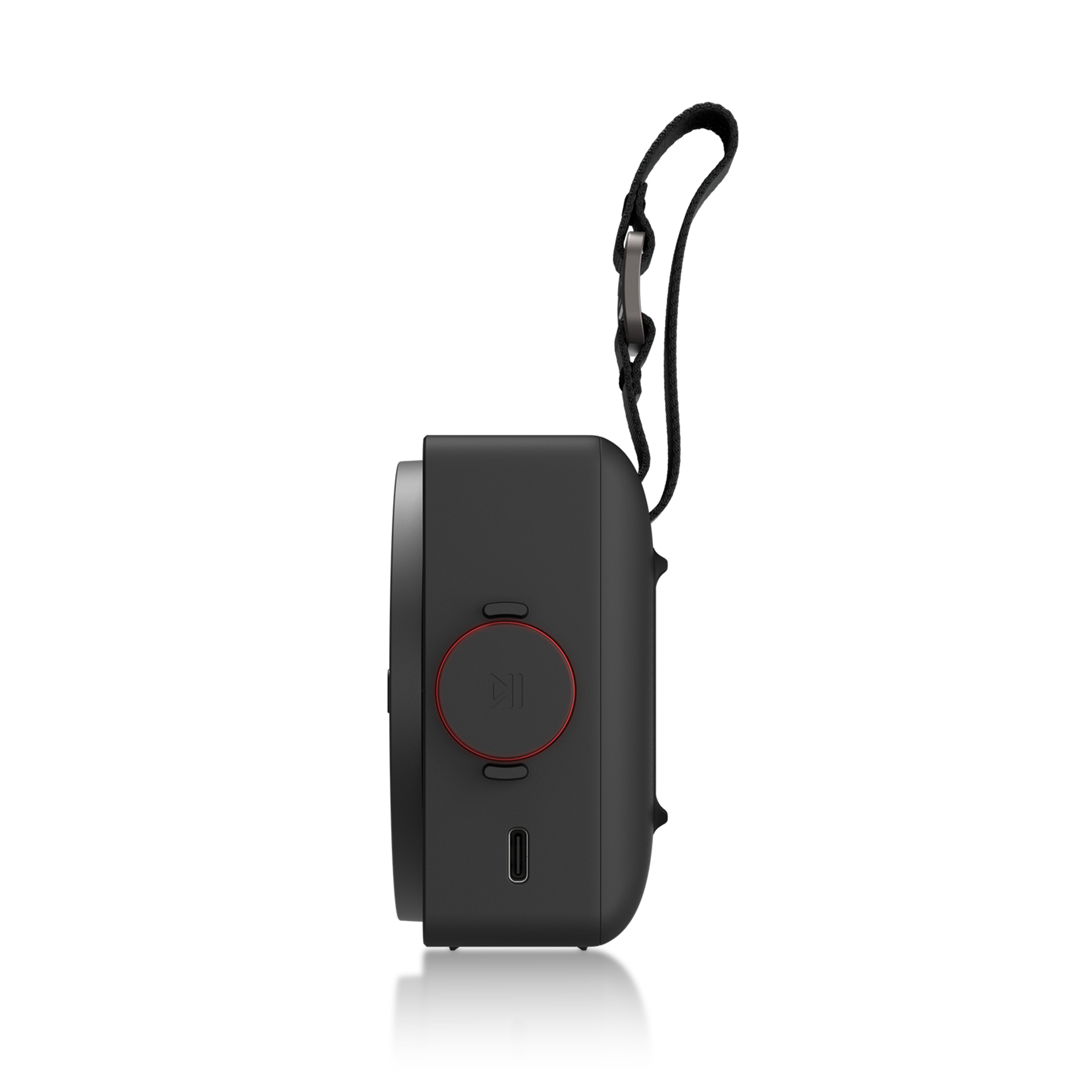 Altavoz negro con botón rojo y puerto USB-C, con correa.