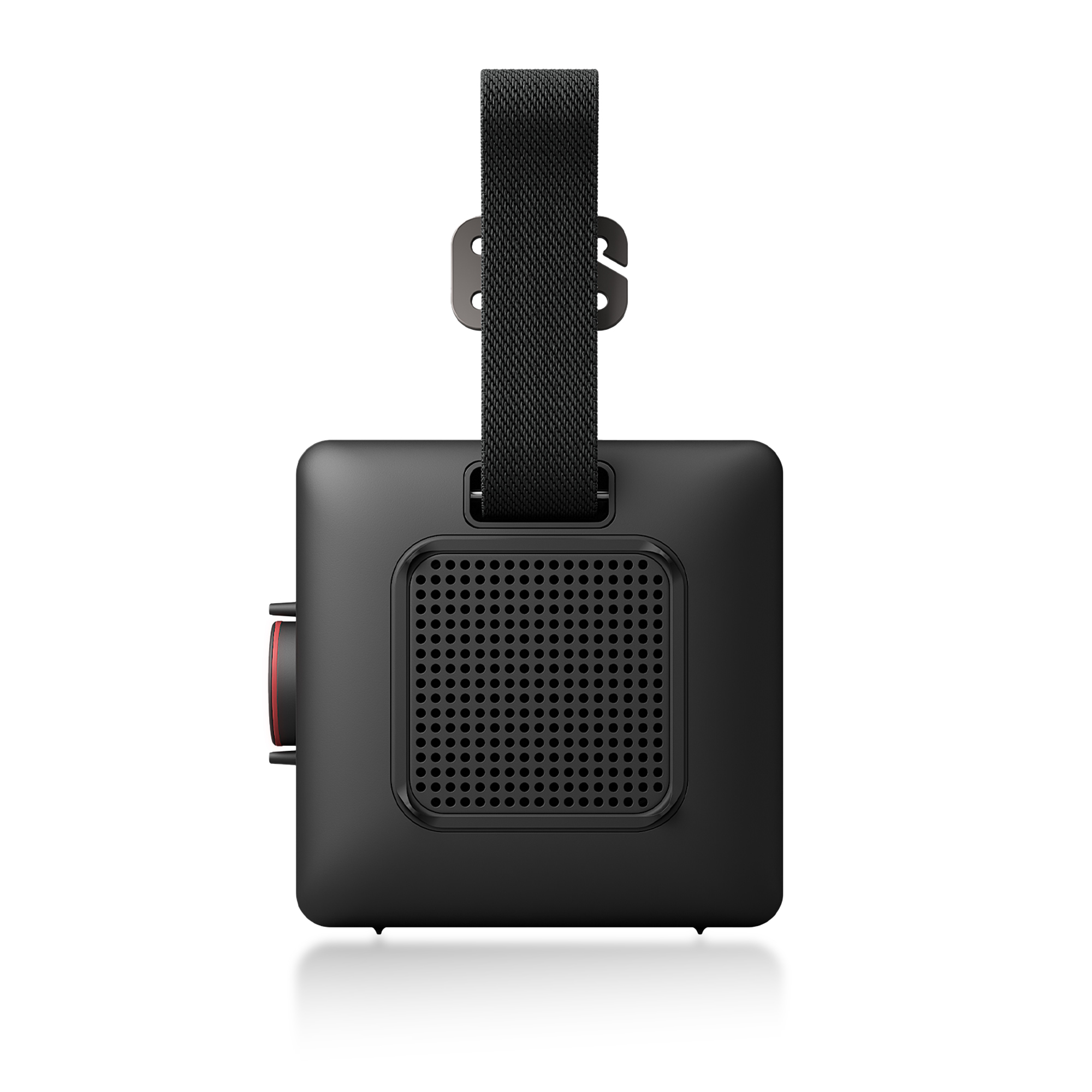 Dispositivo rectangular negro con rejilla de altavoz y correa.
