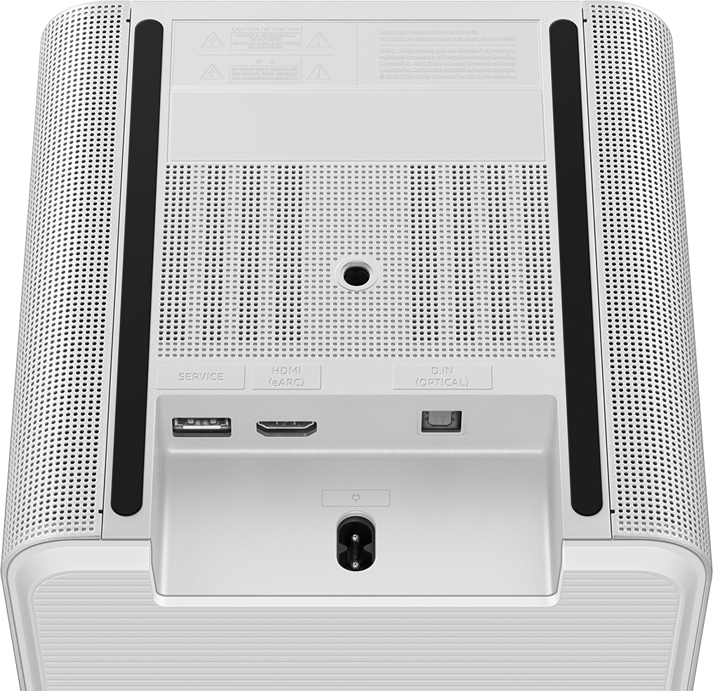 Vue arrière d'un appareil blanc montrant les ports Service, HDMI (eARC), D.IN (optique) et d'alimentation.