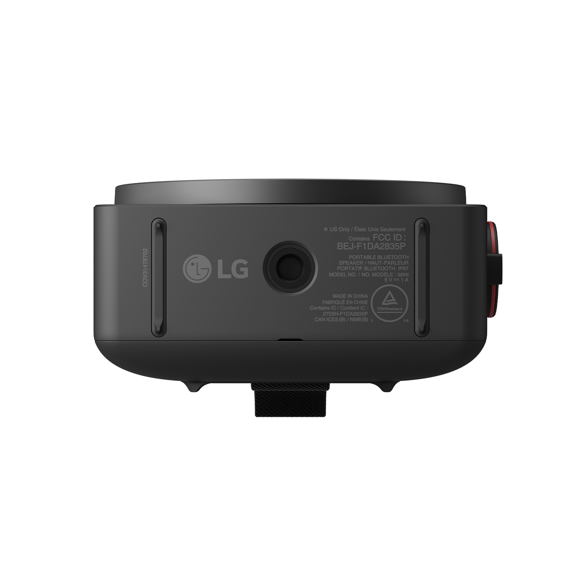 Altavoz Bluetooth LG con acentos y etiquetas negras y rojas.