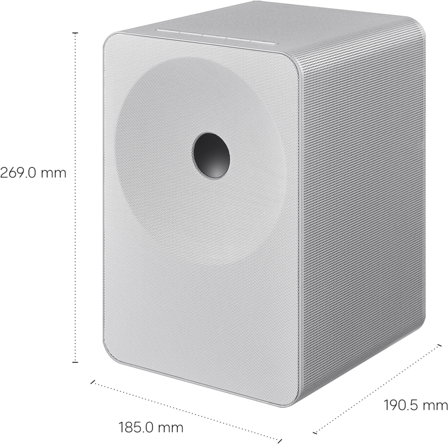 Une enceinte blanche avec une grille circulaire et un cercle central noir.