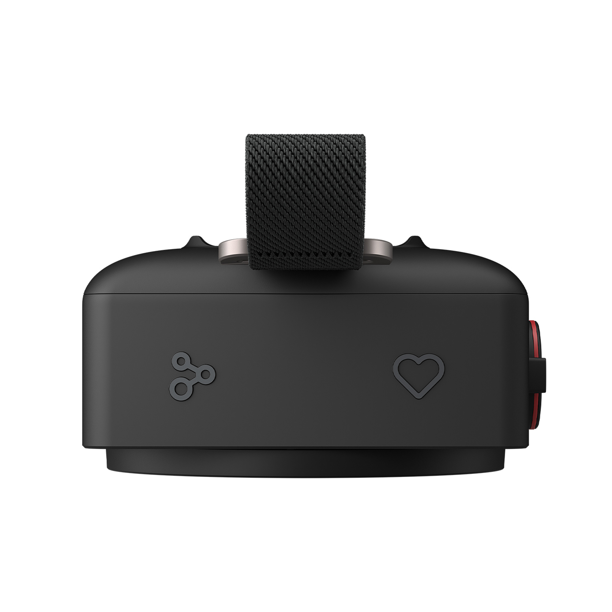 Dispositivo negro con correa, símbolo dividido y símbolo de corazón.
