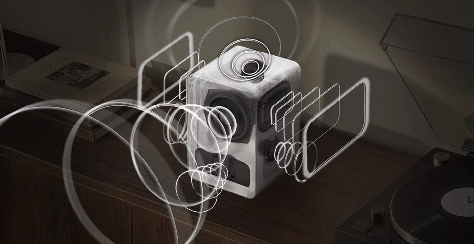 Haut-parleur transparent émettant des ondes sonores, près de livres et d'une platine vinyle.