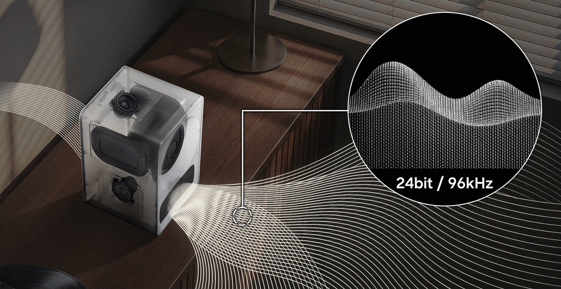 Haut-parleur cube transparent avec ondes sonores et affichage 24 bits/96 kHz.