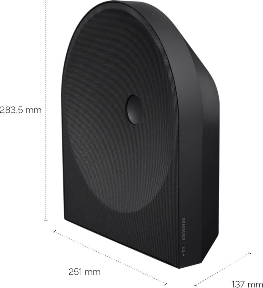 Ein schwarzer Samsung EB-Lautsprecher mit ovaler Front und Maßen von 283,5 mm Höhe.