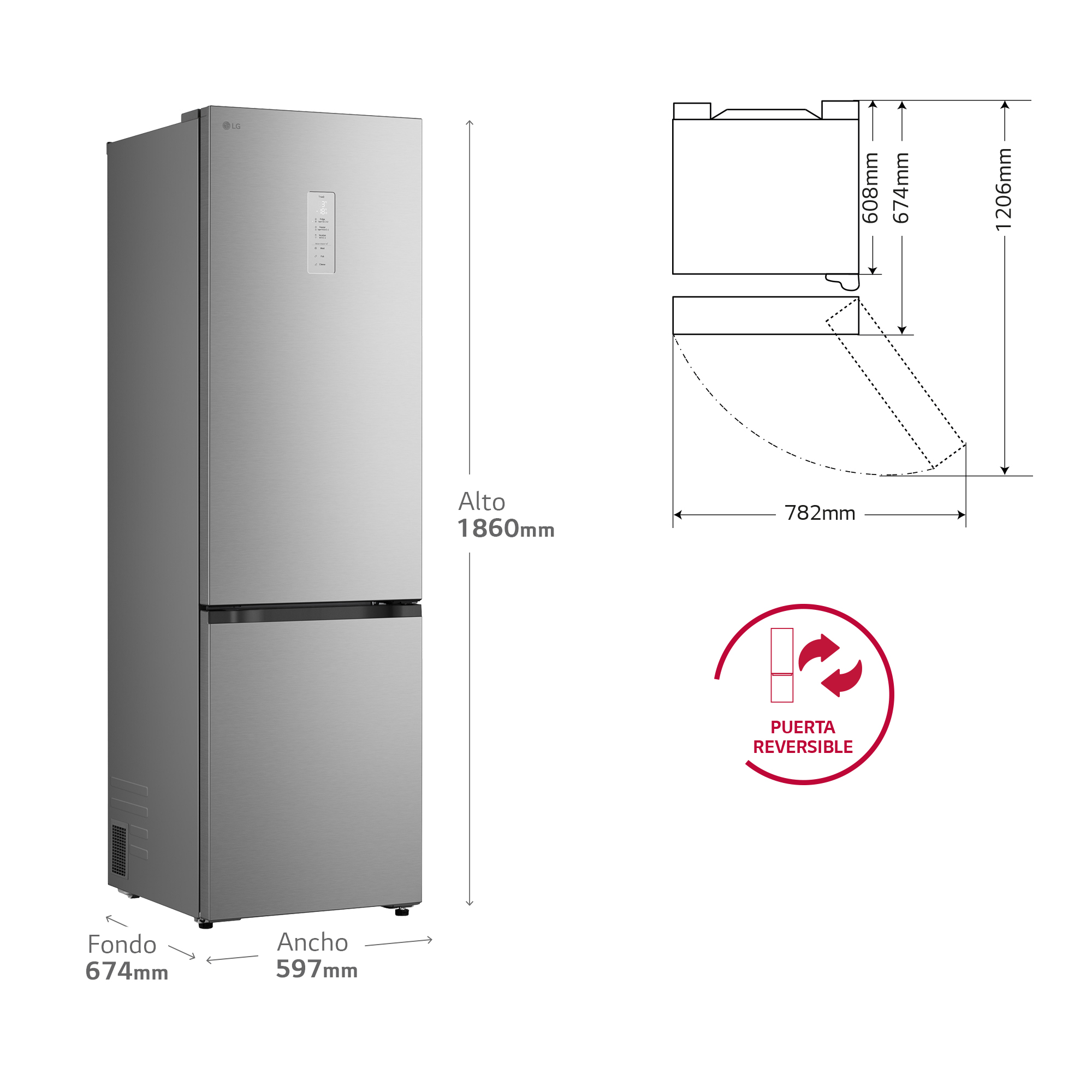 Un refrigerador LG plateado con dimensiones y un icono de puerta reversible.