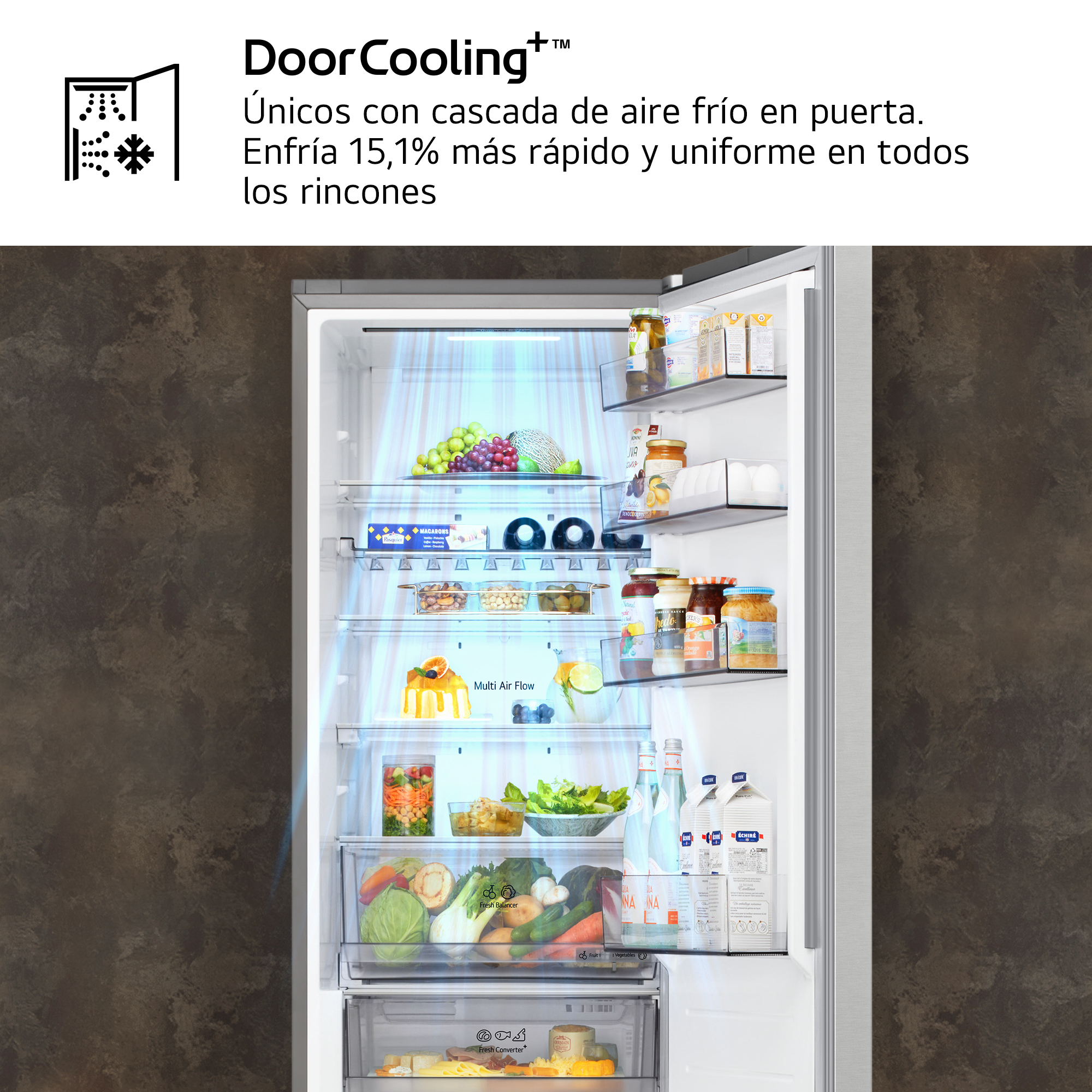 DoorCooling+™. Únicos con cascada de aire frío en puerta. Enfría 15,1% más rápido y uniforme en todos los rincones