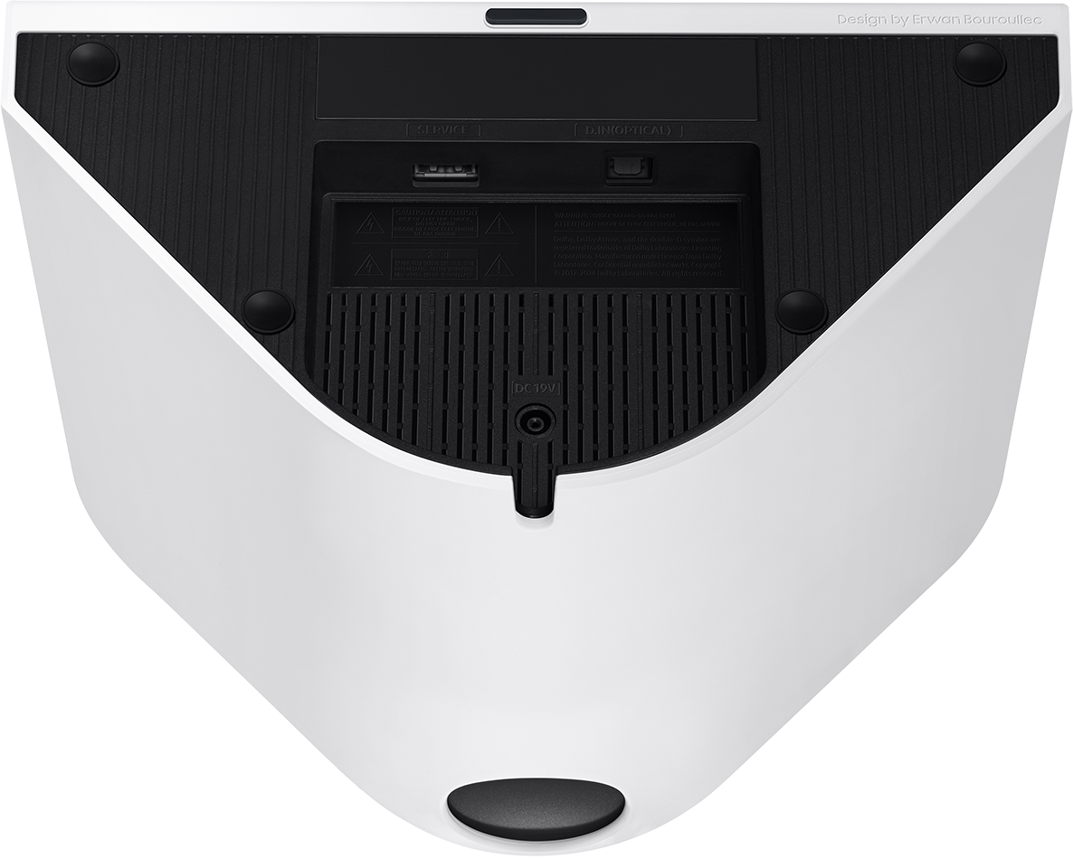 Parte inferiore di un dispositivo bianco con piedini in gomma neri e fessure di ventilazione.