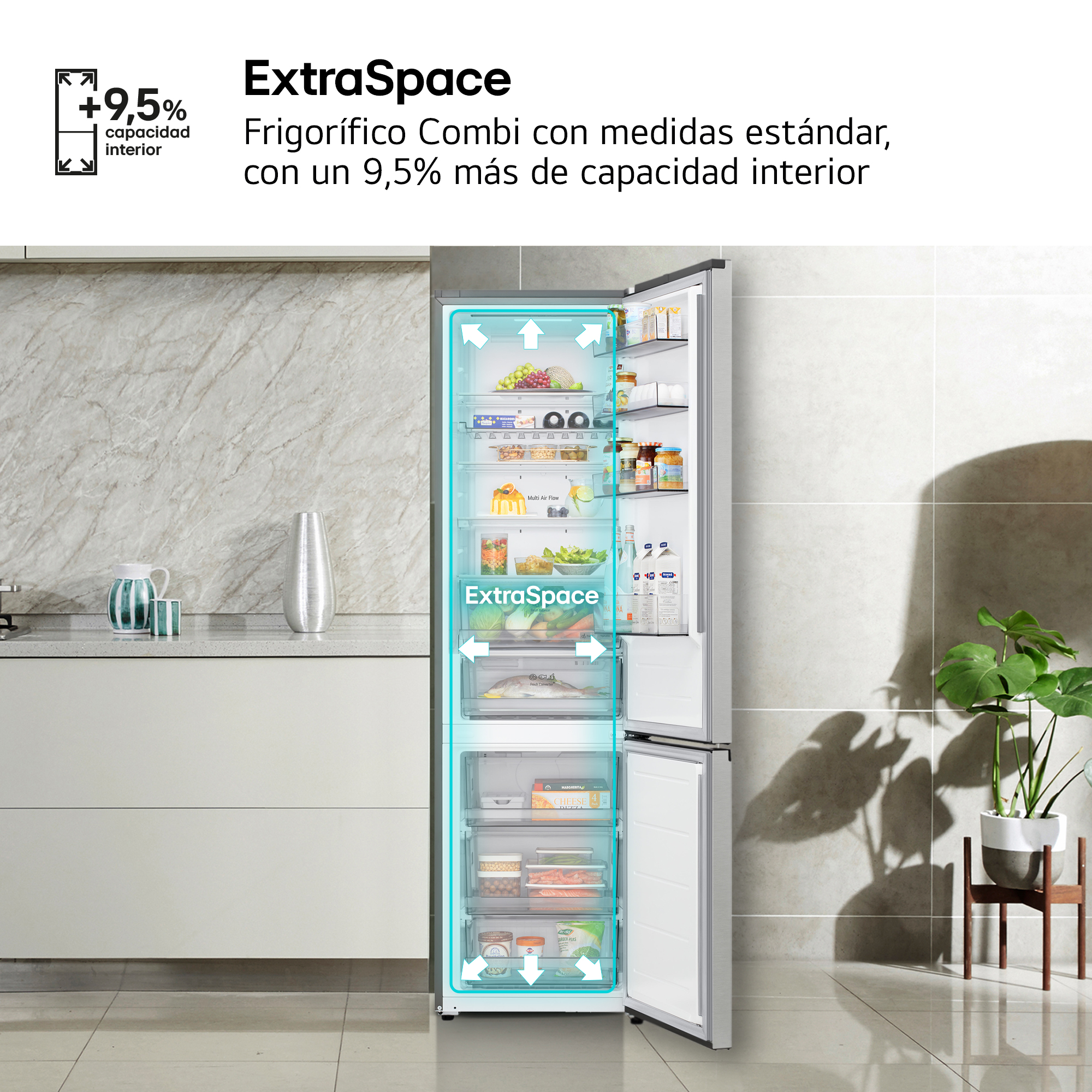 ExtraSpace. Frigorífico Combi con medidas estándar, con un 9,5% más de capacidad interior